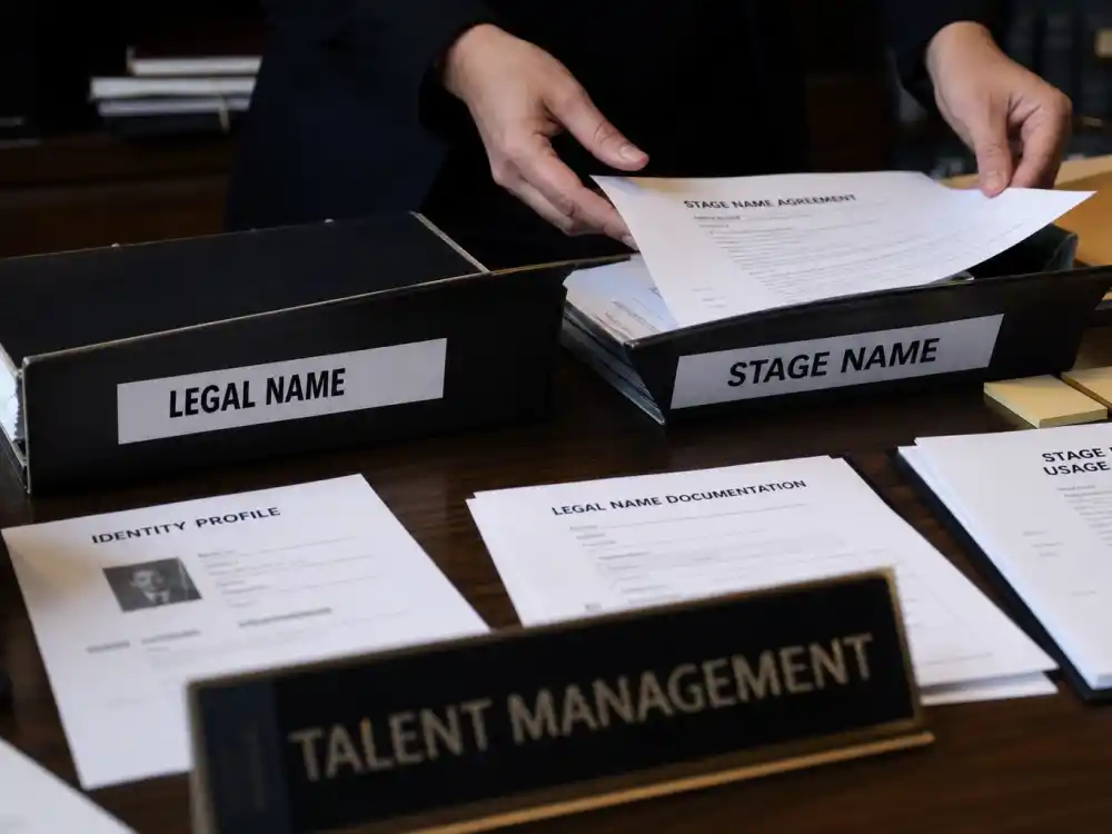 Stage name identity desk with legal name versus stage name folders for celebrity kids rejecting nepo baby label editorial without faces