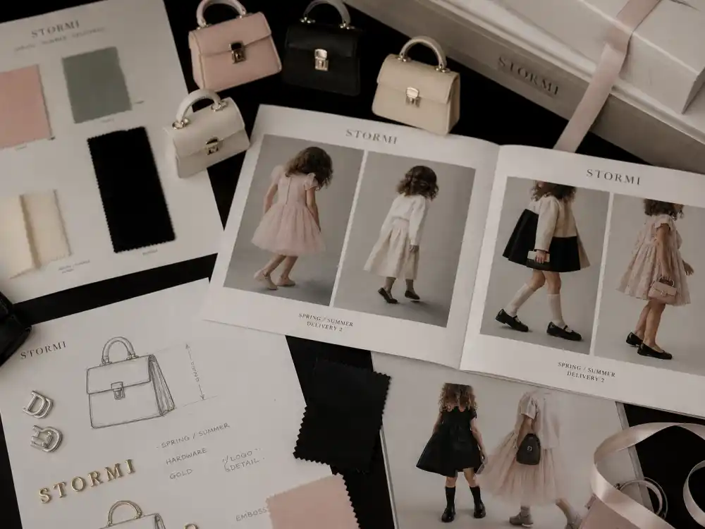 Luxury brand editorial mood board for celebrity kids turned models list 2026 Stormi-adjacent verified brand tier editorial without identifiable faces