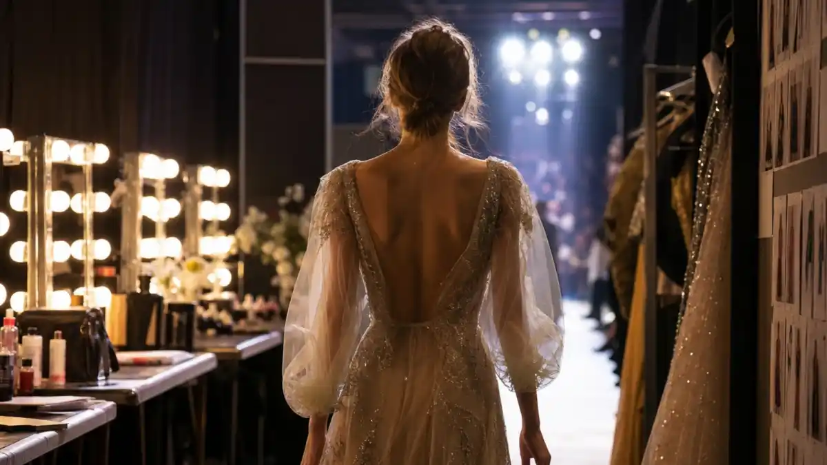Celebrity kids turned models list 2026 — runway backstage from behind with anonymous model in designer gown walking toward lights editorial without identifiable faces