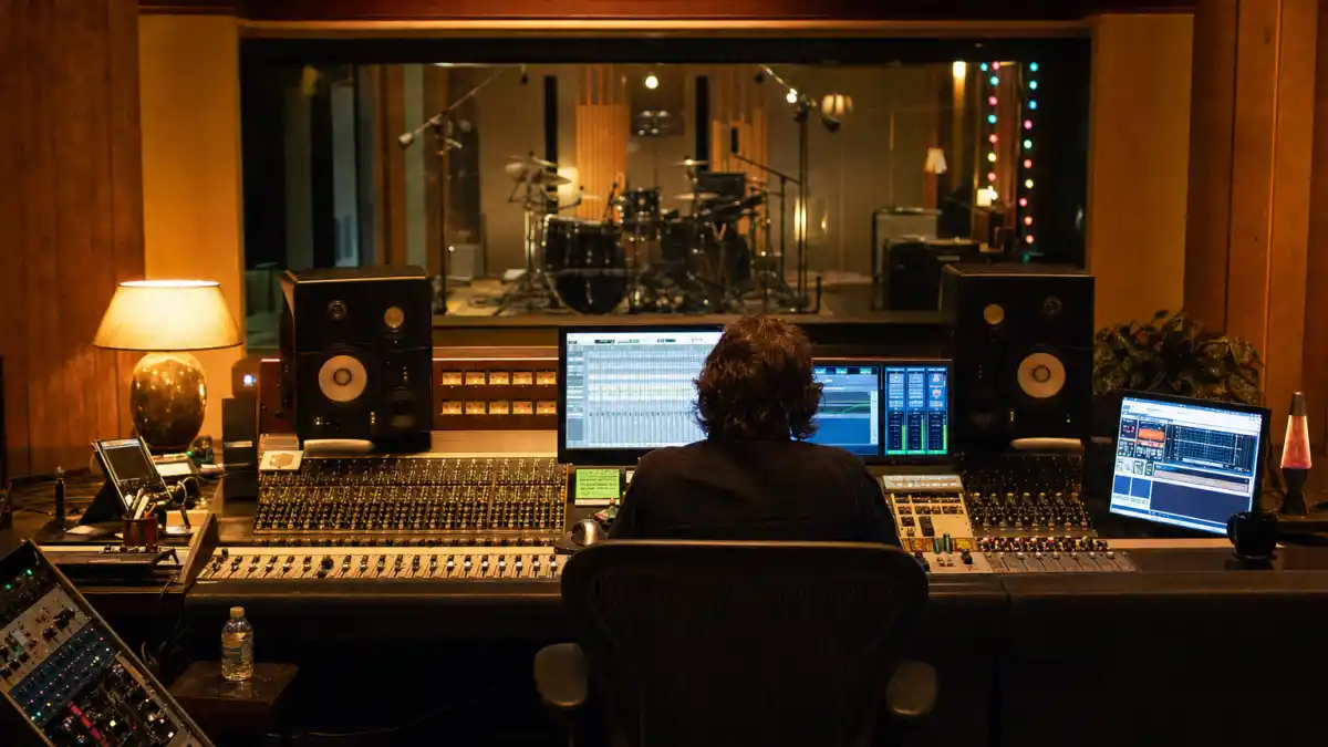 Celebrity kids turned musicians list — recording studio control room from behind with anonymous musician silhouette at mixing console editorial without identifiable faces
