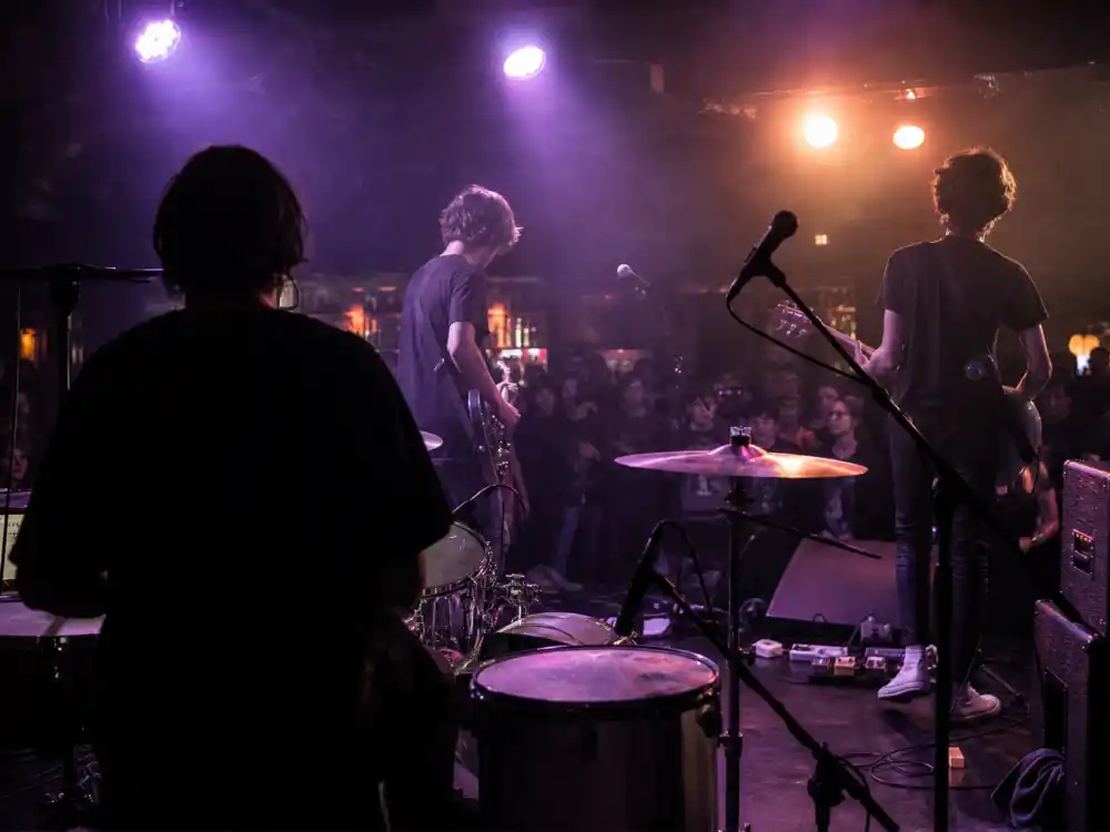 Indie rock club stage from behind for celebrity kids turned musicians list Zoë Kravitz Lolawolf band editorial without identifiable faces