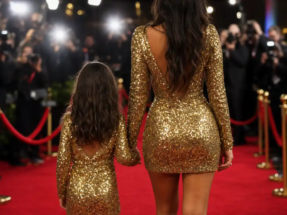 Matching gold sequin dresses on parent and child from behind at awards red carpet for celebrity kids twinning outfits with parents Carter family coordinated style