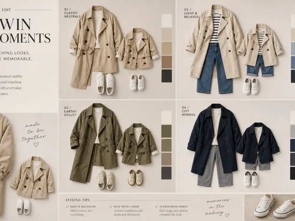 Editorial mood board with parent-child matching outfit flat lays for celebrity kids twinning outfits with parents coordinated color palette comparison without faces