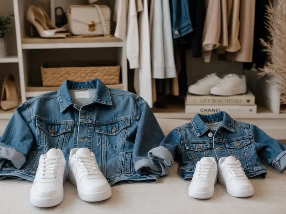 Matching white sneakers and denim jackets laid out for celebrity kids twinning outfits with parents coordinated wardrobe mirror verified by Us Weekly