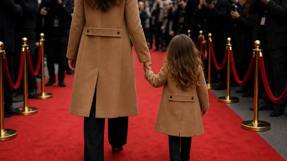 Celebrity kids twinning outfits with parents — parent and child from behind in matching camel coats at red carpet velvet rope without faces