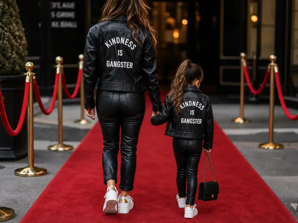 Matching black leather jackets on parent and child from behind at red carpet for celebrity kids twinning outfits with parents North Kim streetwear mirror