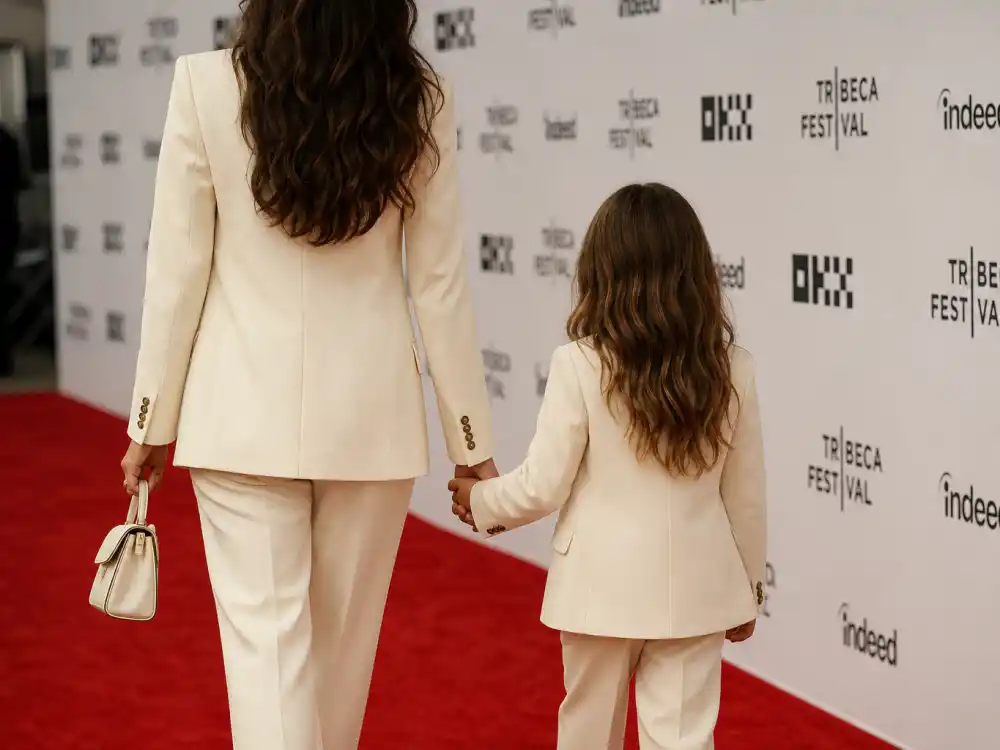 Matching cream blazers on parent and child from behind at step-and-repeat for celebrity kids twinning outfits with parents red carpet twinning trend