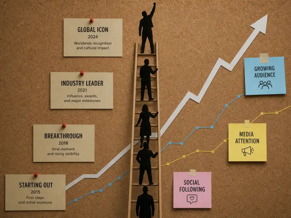 Fame ladder montage with milestone plaques for celebrity kids who became bigger stars than parents verified metrics editorial without identifiable faces