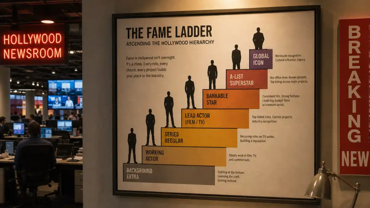 Celebrity kids who became bigger stars than parents — fame ladder chart in Hollywood newsroom showing ascending career tiers without identifiable faces