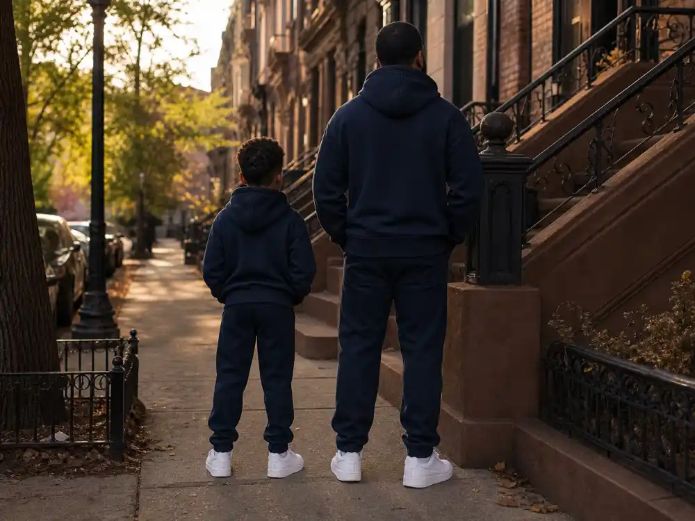 Matching navy hoodies on father and son silhouettes from behind for celebrity kids who look like their parents Carter family editorial comparison
