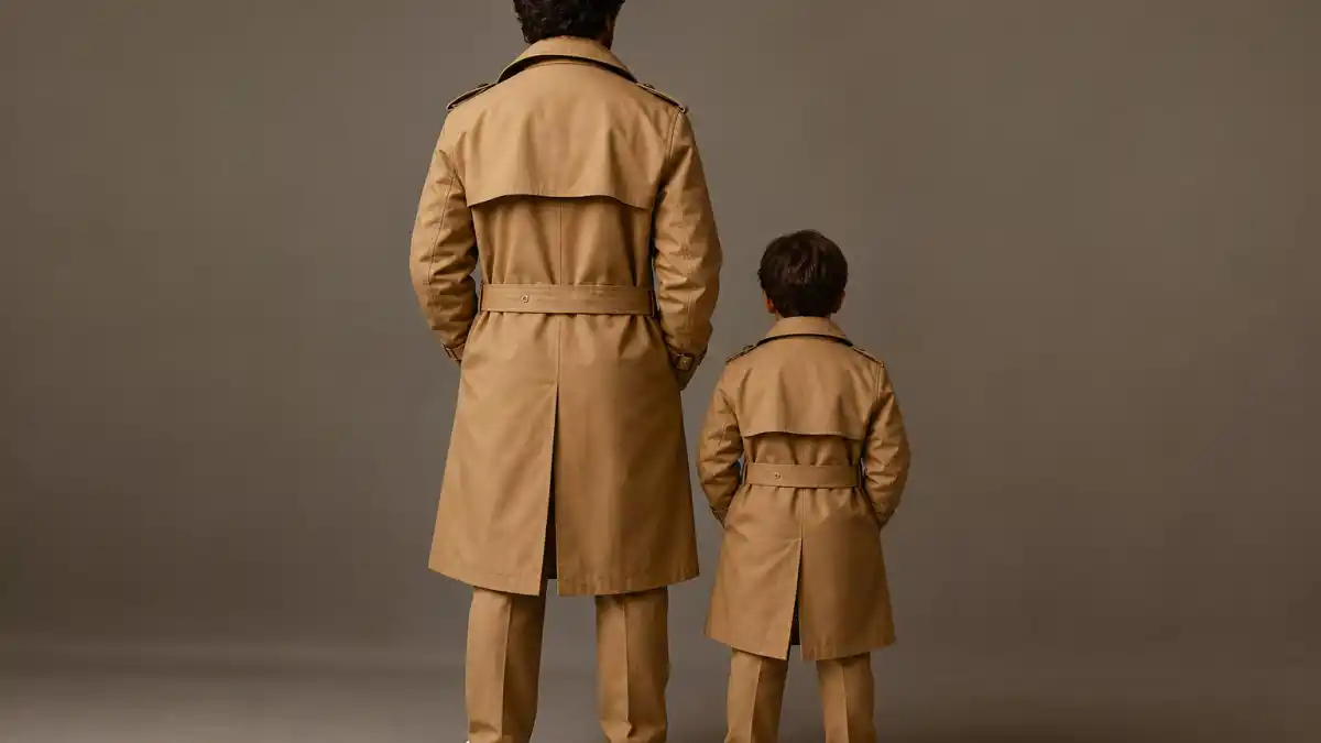 Celebrity kids who look like their parents — side-by-side parent and child silhouettes from behind in matching camel trench coats without faces
