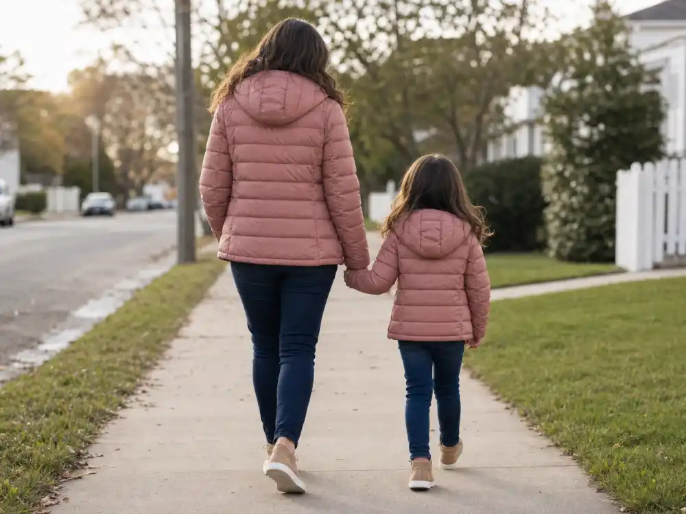 Matching pink puffer jackets on parent and child silhouettes from behind for celebrity kids who look like their parents Kardashian-Jenner style mirror