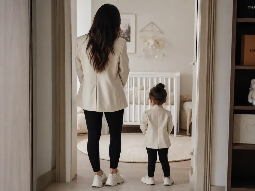 Matching cream blazers on parent and toddler silhouettes from behind for celebrity kids who look like their parents Rihanna Mayers family lane