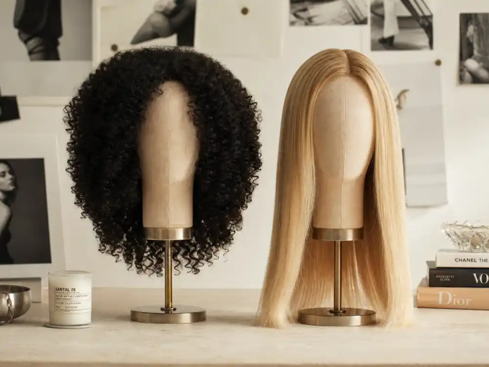 Two wig mannequin heads with coily curls versus straight hair for celebrity kids who look nothing like parents sibling variance styling table