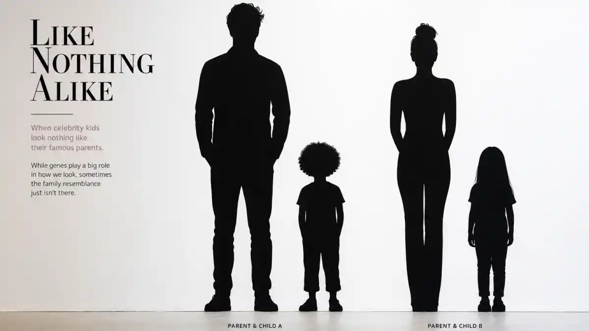 Celebrity kids who look nothing like parents — mismatched parent and child silhouettes with different hair shapes on white studio wall without faces