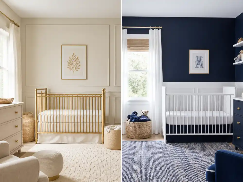 Split frame nurseries with cream gold versus navy white schemes for celebrity kids who look nothing like parents surrogate sibling context