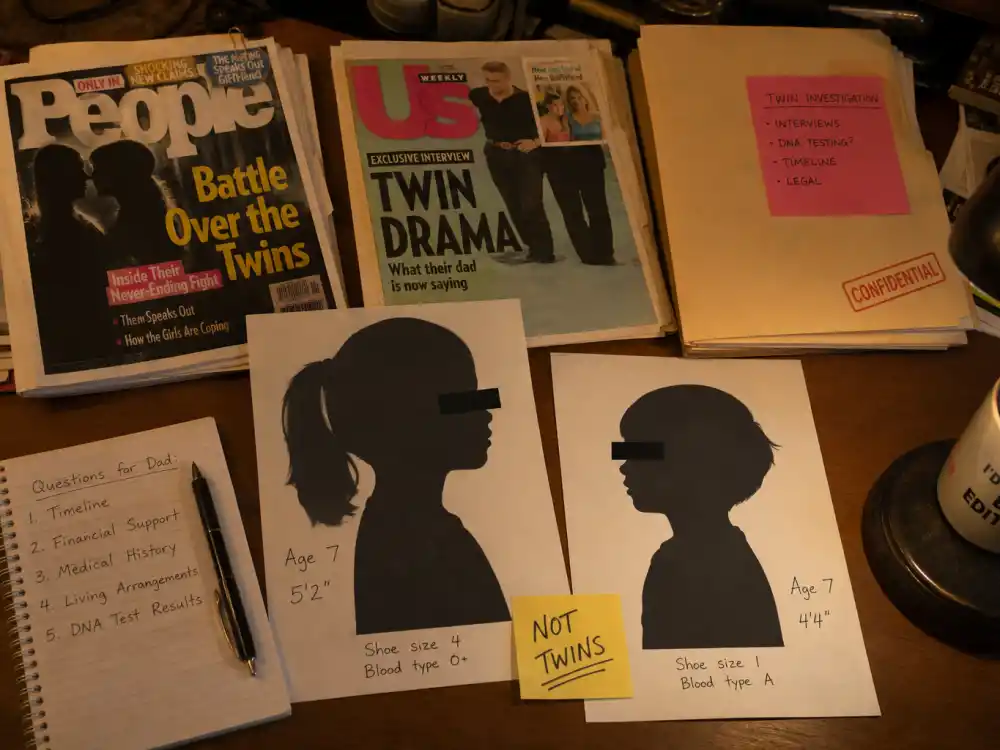 Entertainment editor desk with mismatched silhouette printouts and privacy redaction for celebrity kids who look nothing like parents People sourcing standard
