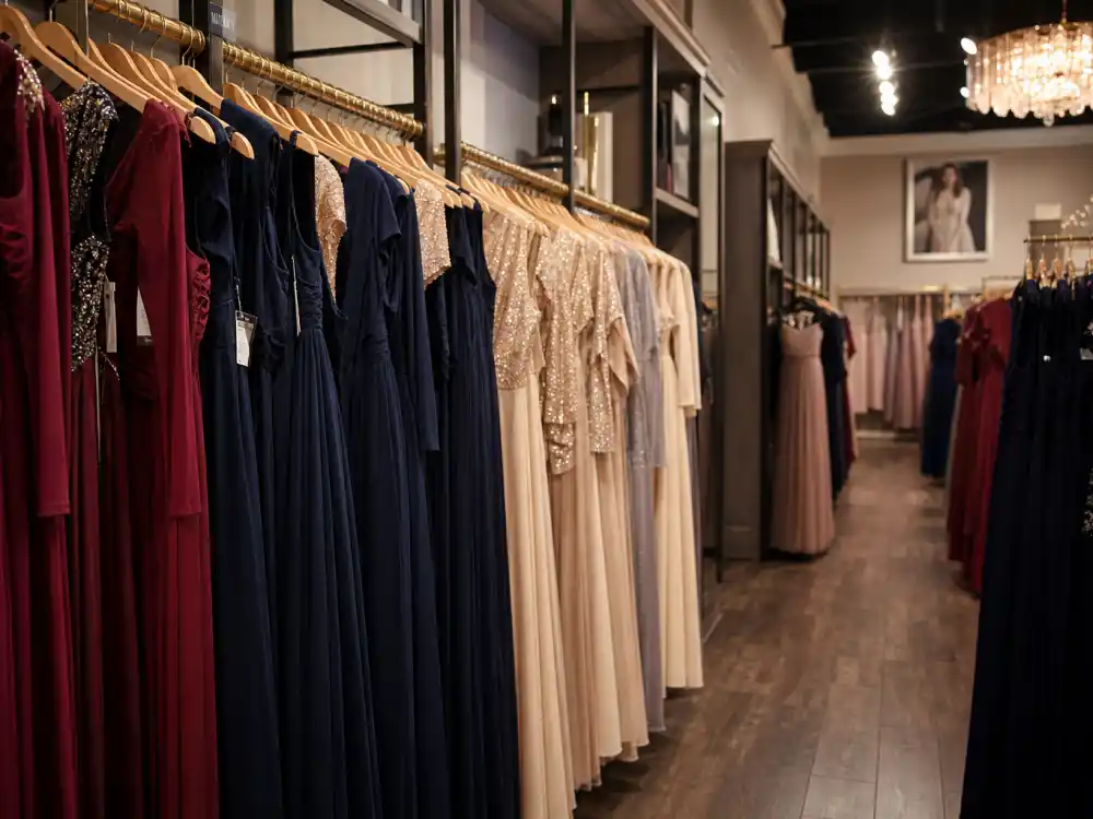 Floor-to-ceiling maternity dress racks in high-end boutique showing celebrity maternity dress brands formal wear selection