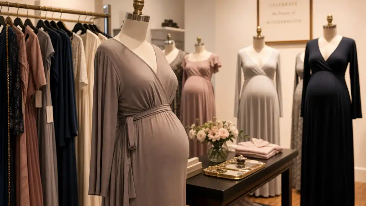 Celebrity maternity dress brands boutique interior with wrap gowns and silk columns on pregnant mannequins in luxury maternity retail setting