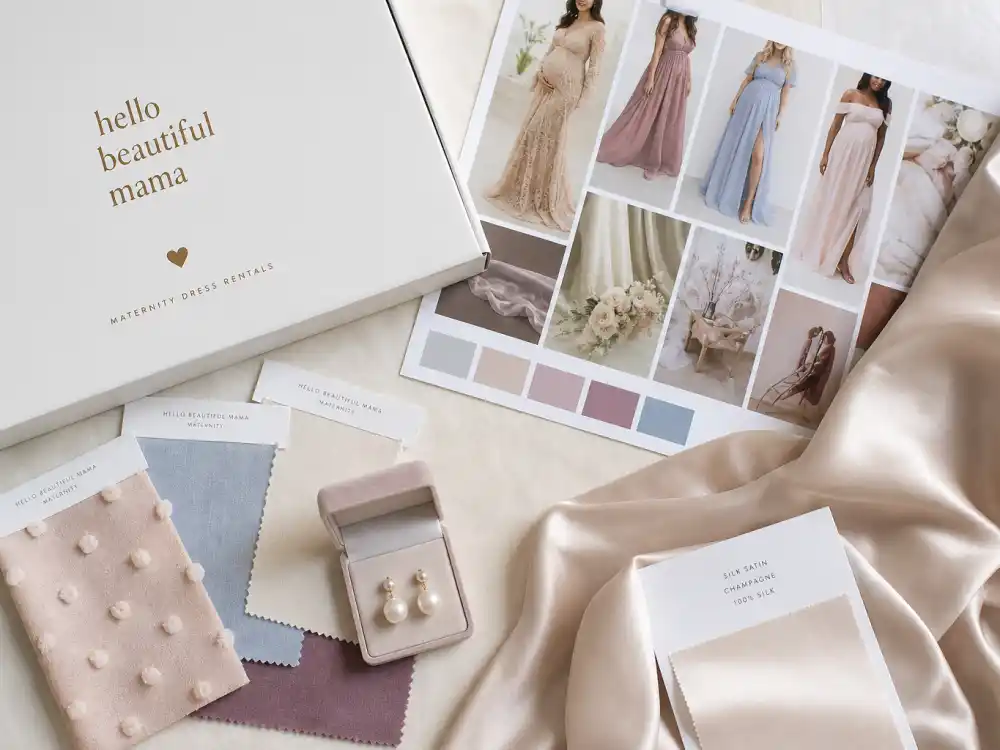 Maternity dress brand shopping flat lay with rental box fabric swatches and mood board for celebrity maternity dress brands sourcing guide