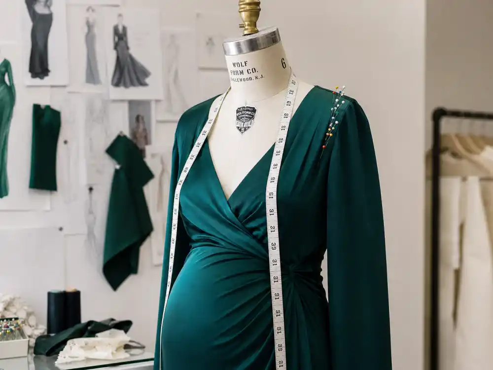 Emerald silk wrap maternity dress on couture dress form defining celebrity maternity dress brands wrap silhouette construction at atelier