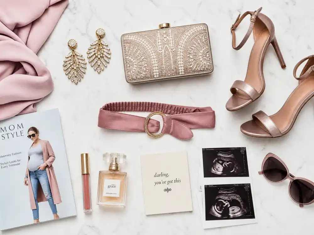 Maternity fashion accessories flat lay with heels clutch earrings and silk scarf completing celebrity maternity fashion styling