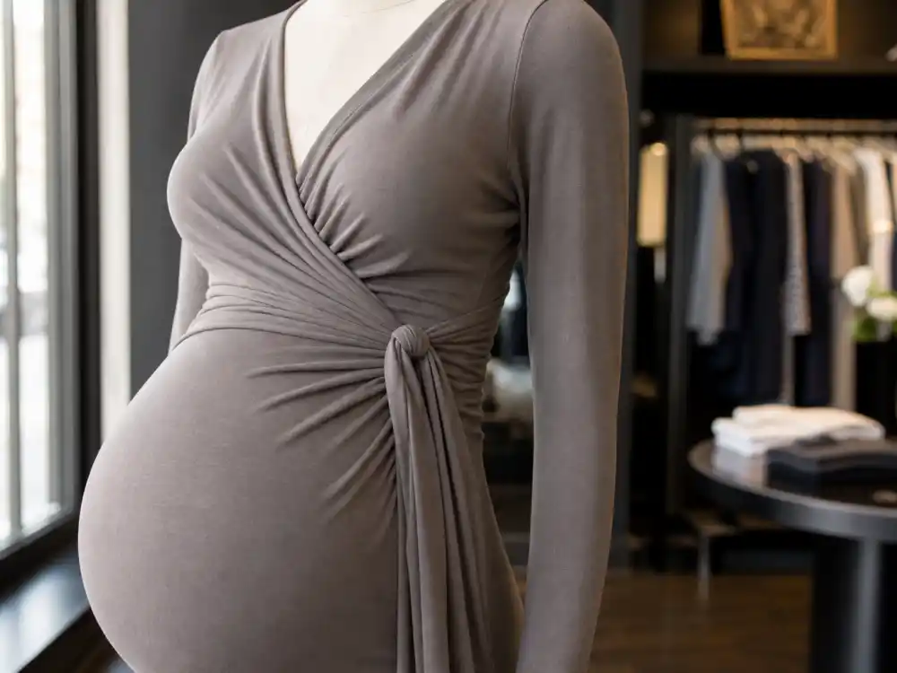 Form-fitting maternity wrap dress on boutique mannequin illustrating celebrity maternity fashion bump-friendly silhouette construction