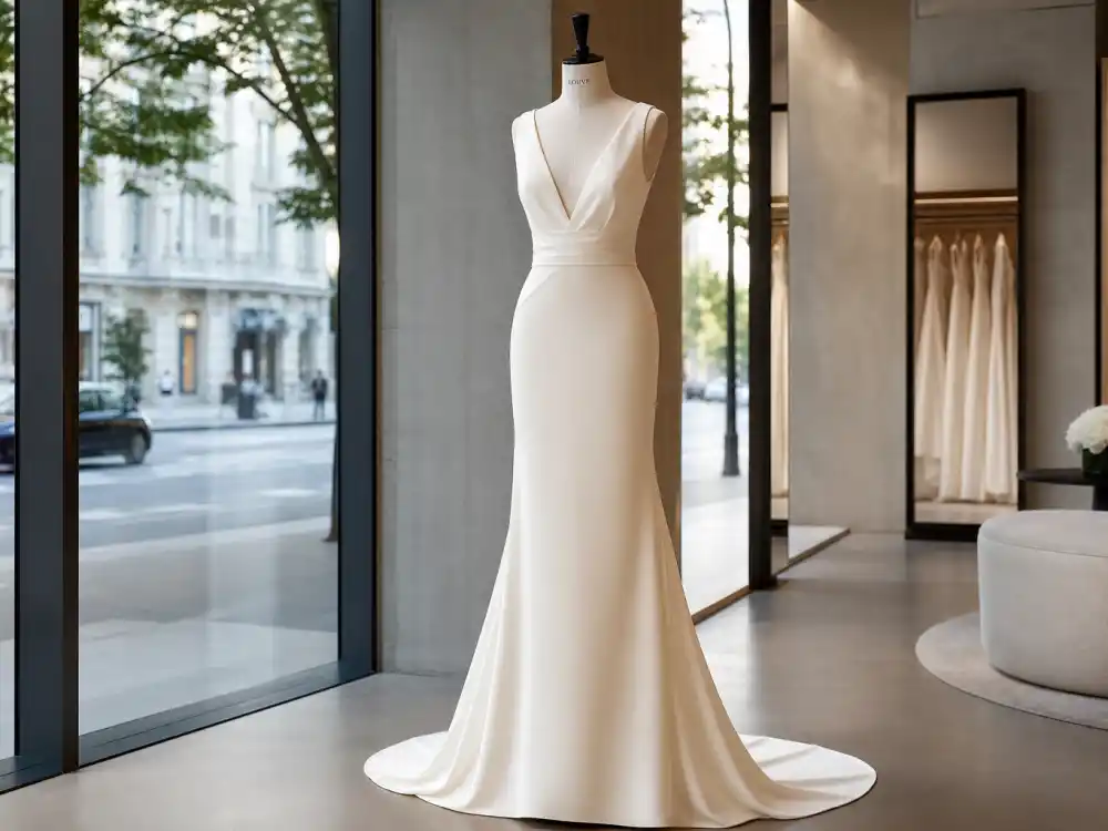 Ivory crepe minimalist gown on boutique dress form illustrating celebrity minimalist wedding dress trends from Carolyn Bessette to Meghan Markle