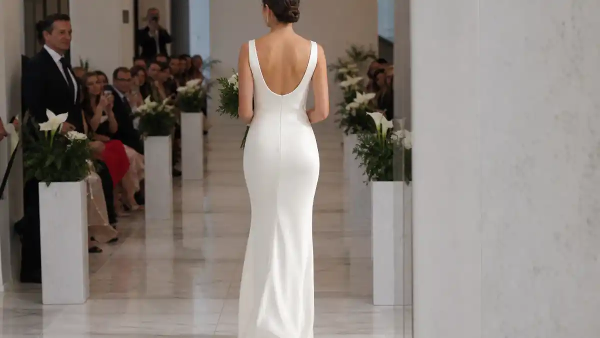 Celebrity minimalist wedding dress trends — bride in sleek ivory silk column gown with clean bateau back walking marble aisle seen from behind