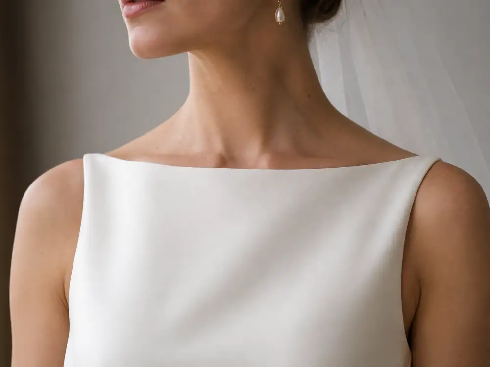 Bateau neckline detail on silk wedding dress — the neckline engineering at the heart of every credible celebrity minimalist wedding dress trends guide