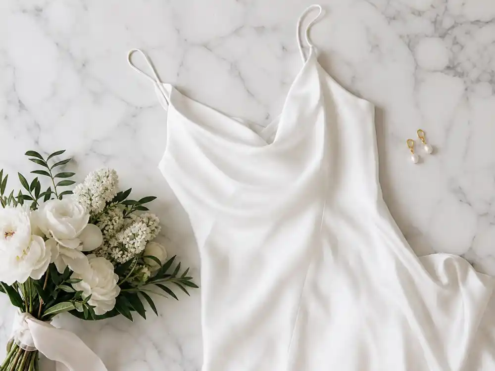 Silk slip minimalist wedding dress flat lay on marble with pearl earrings defining celebrity minimalist wedding dress trends quiet-luxury codes