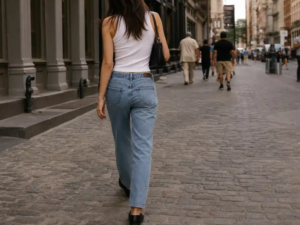 Straight-leg vintage denim and white ribbed tank defining celebrity model off duty outfits minimalist foundation
