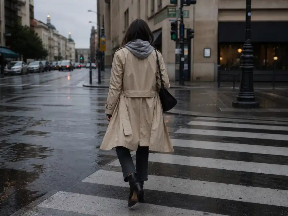 Beige trench coat over hoodie and straight jeans showing celebrity model off duty outfits runway-to-sidewalk layering