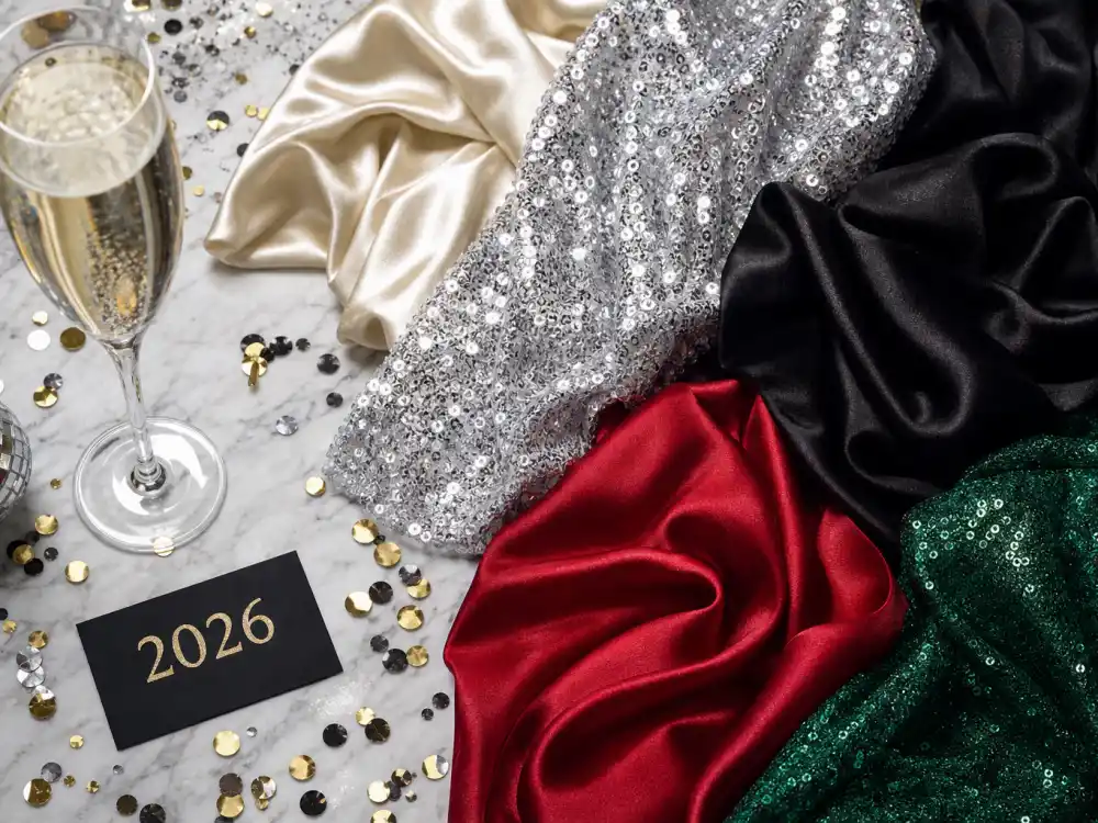 Champagne gold silver sequin midnight black cherry red and emerald green fabric swatches flat lay illustrating 2026 color palette trends in celebrity new year eve outfits 2026 party dressing