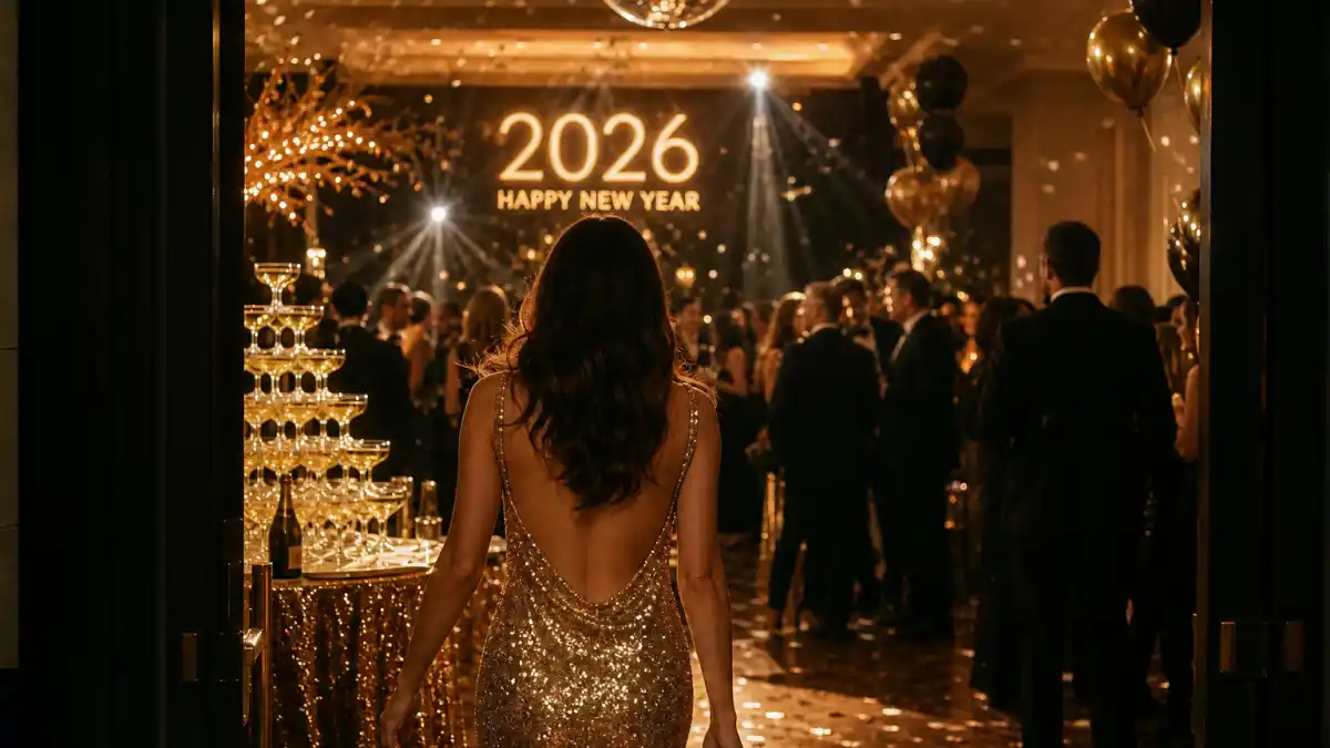 Celebrity new year eve outfits 2026 — anonymous woman from behind in gold sequin backless evening gown walking into glamorous New Year party with champagne tower disco ball and 2026 Happy New Year sign