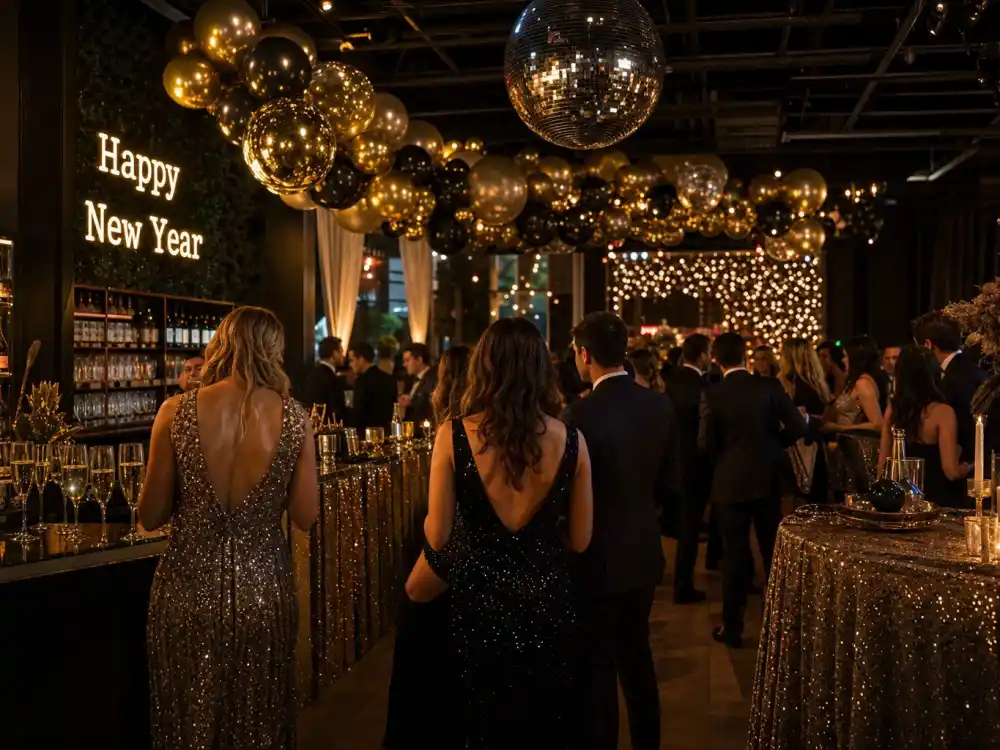 Upscale New Year Eve party venue with champagne bar gold balloon arch sequin table runners and anonymous guests from behind in evening wear defining celebrity new year eve outfits 2026 setting