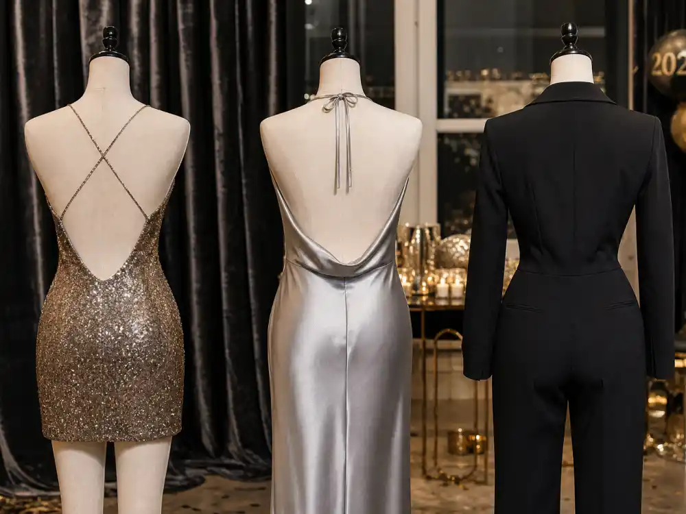 Three New Year Eve party dress silhouettes on dress forms from behind showing mini sequin column gown and tuxedo jumpsuit shapes defining celebrity new year eve outfits 2026 proportion codes