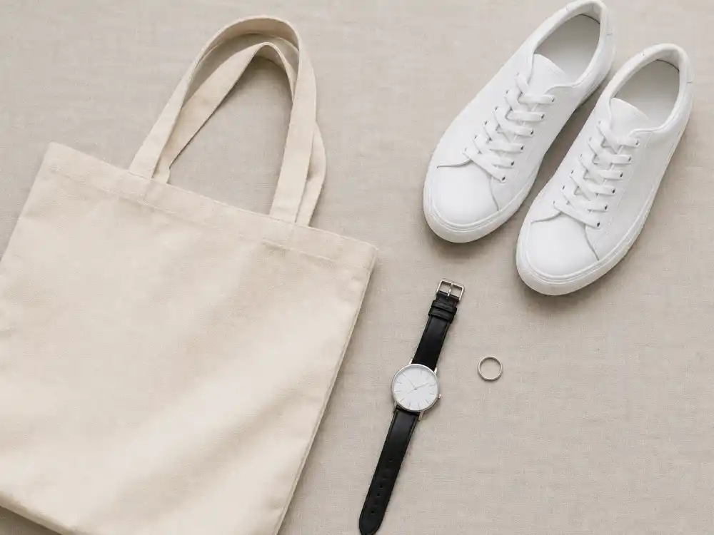 Celebrity normcore fashion trend accessories flat lay with canvas tote, white sneakers, simple watch, and minimal silver ring without visible logos