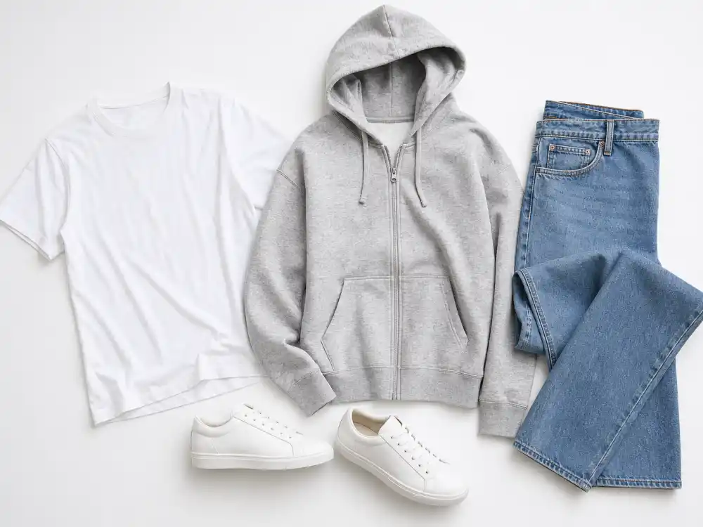 Flat lay of plain white tee, gray zip hoodie, straight-leg blue jeans, and white sneakers defining celebrity normcore fashion trend wardrobe foundations