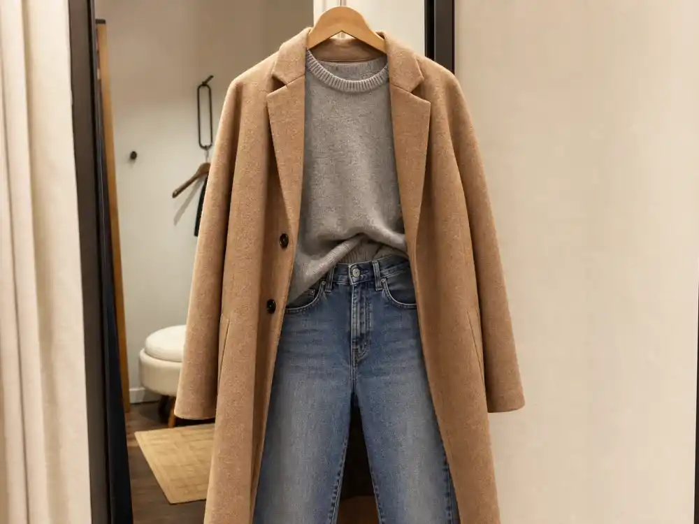 Neutral layered normcore outfit on hanger with camel coat over gray sweater and medium wash jeans illustrating celebrity normcore fashion trend layering codes