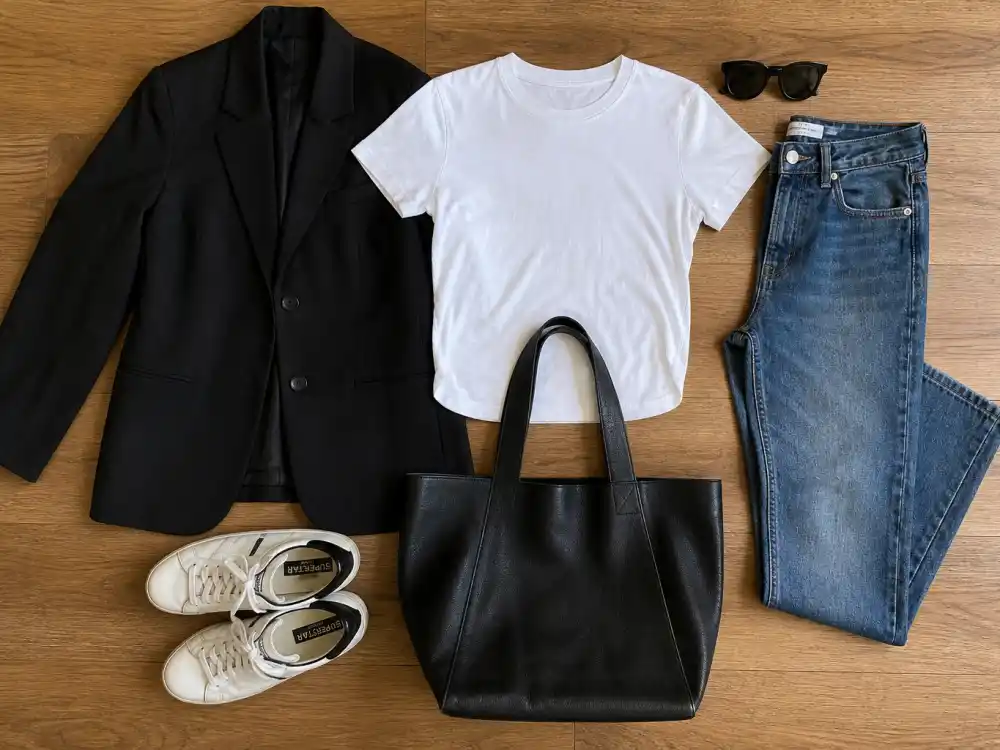 Neutral capsule flat lay for celebrity off duty street style guide mix-and-match essentials wardrobe