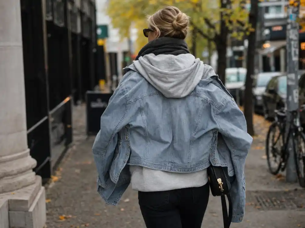 Denim jacket over hoodie layering defining celebrity off duty street style guide transitional weather dressing