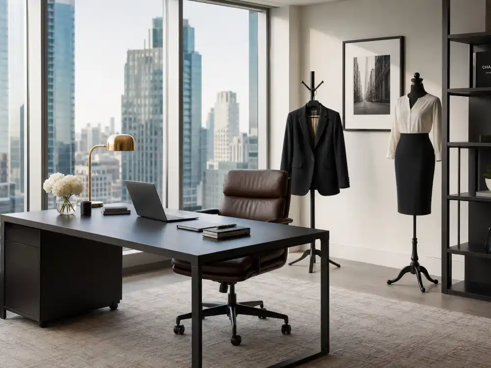 Executive corner office with floor-to-ceiling windows blazer on coat rack and pencil skirt silhouette defining celebrity office chic outfit inspiration corporate setting