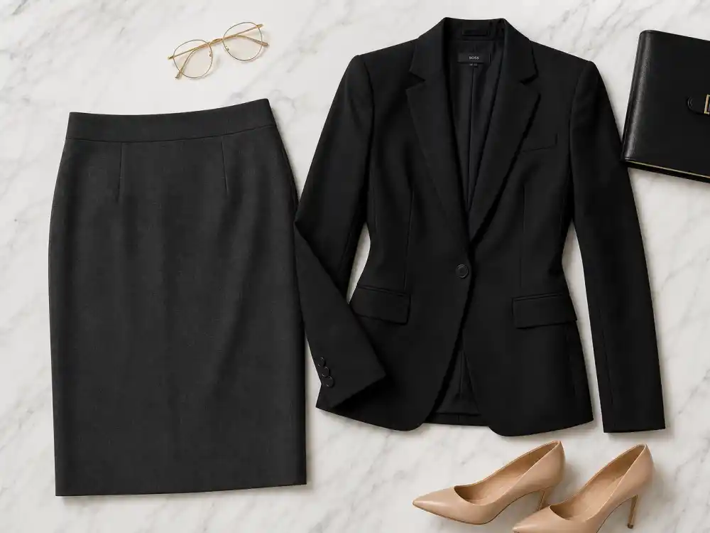 Celebrity office chic outfit inspiration flat lay with charcoal pencil skirt structured blazer thin glasses and pointed pumps on marble executive desk