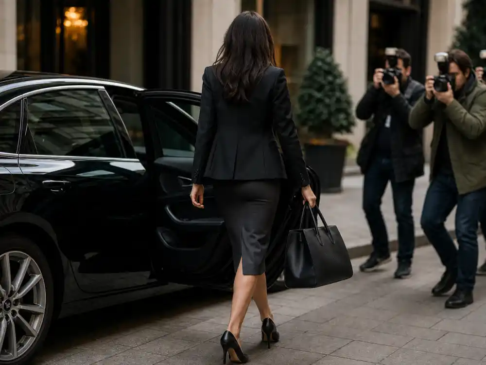 Anonymous woman from behind exiting car in celebrity office chic outfit inspiration blazer pencil skirt and pointed heels on upscale city sidewalk paparazzi frame
