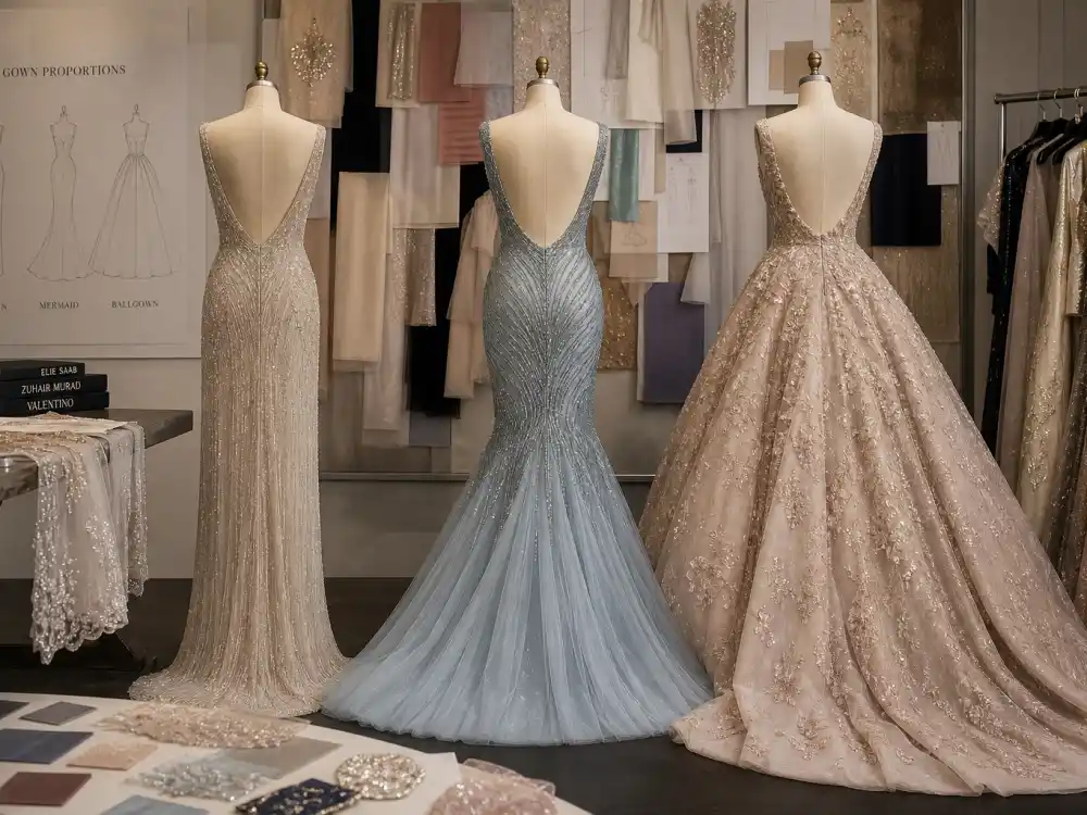 Three evening gown silhouettes on dress forms from behind showing column mermaid and ballgown shapes in celebrity outfits proportion vocabulary