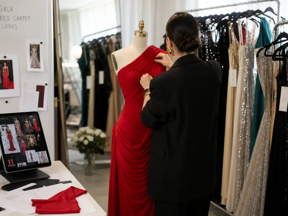 Fashion stylist from behind adjusting red carpet gown on dress form in fitting room for celebrity outfits premiere prep and styling editorial mood