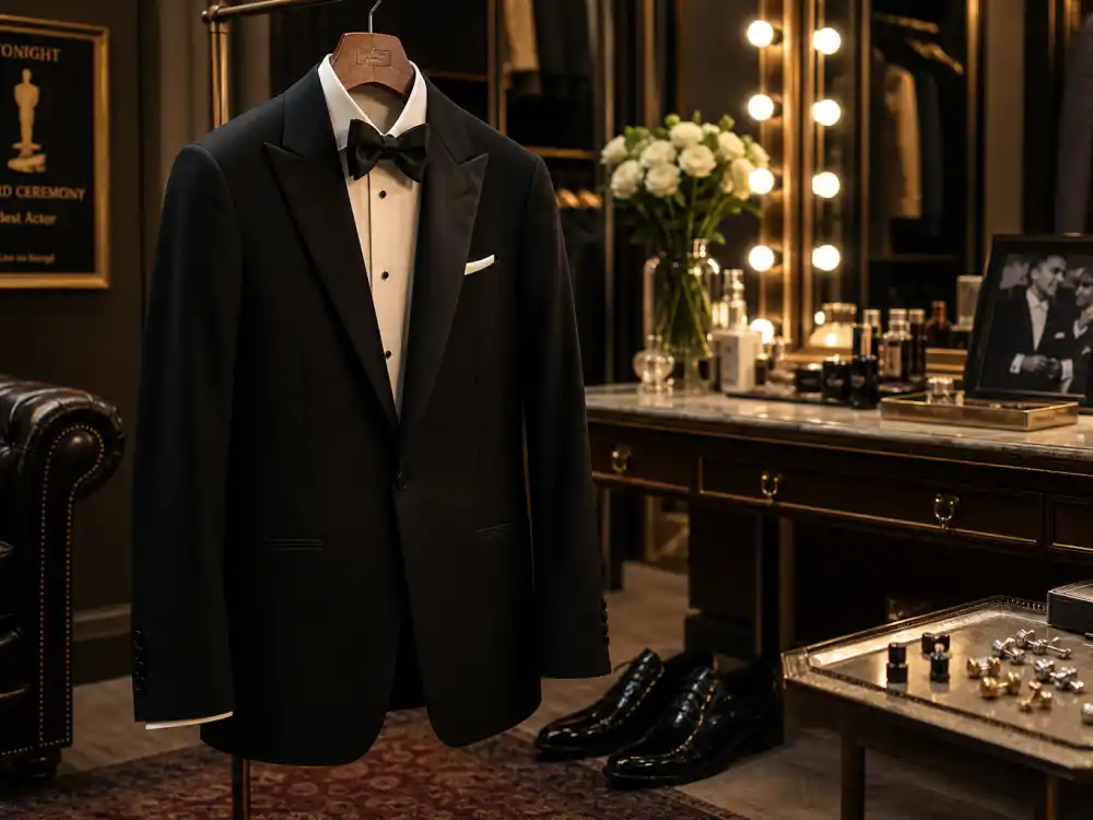Classic black tuxedo on wooden hanger in celebrity dressing room representing celebrity outfits formal menswear and red carpet tailoring codes