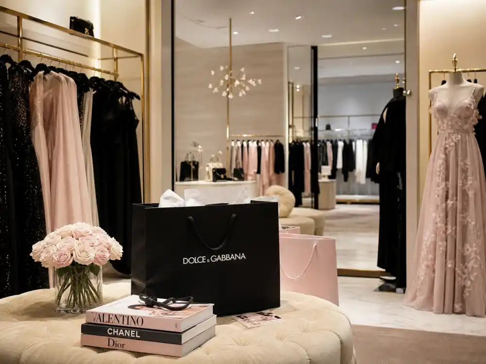 Luxury designer boutique gowns on racks for celebrity postpartum fashion return wardrobe reset and couture comeback shopping strategy