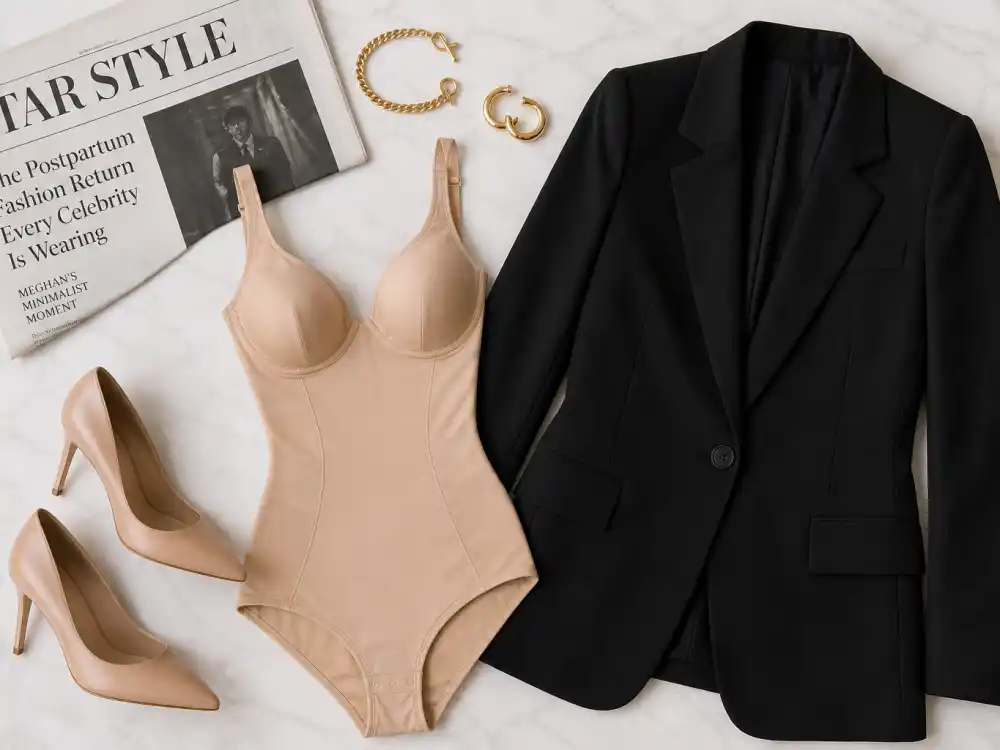 Shapewear bodysuit blazer heels and gold jewelry flat lay essential to celebrity postpartum fashion return red carpet foundation and silhouette support